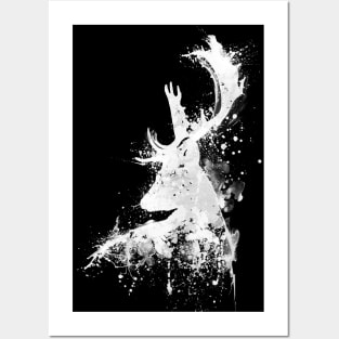 Black and White Deer Head Watercolor Silhouette - Reversed Colors Posters and Art